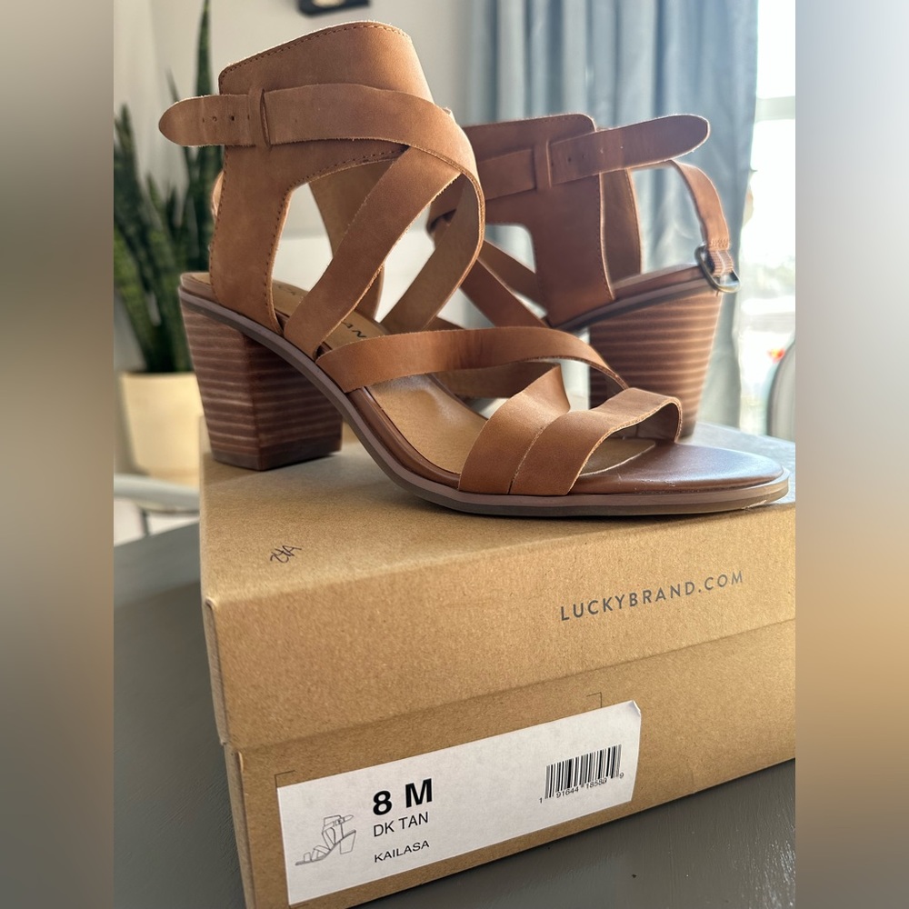 New with box Lucky Brand tan strappy sandal-boots. Size 8.